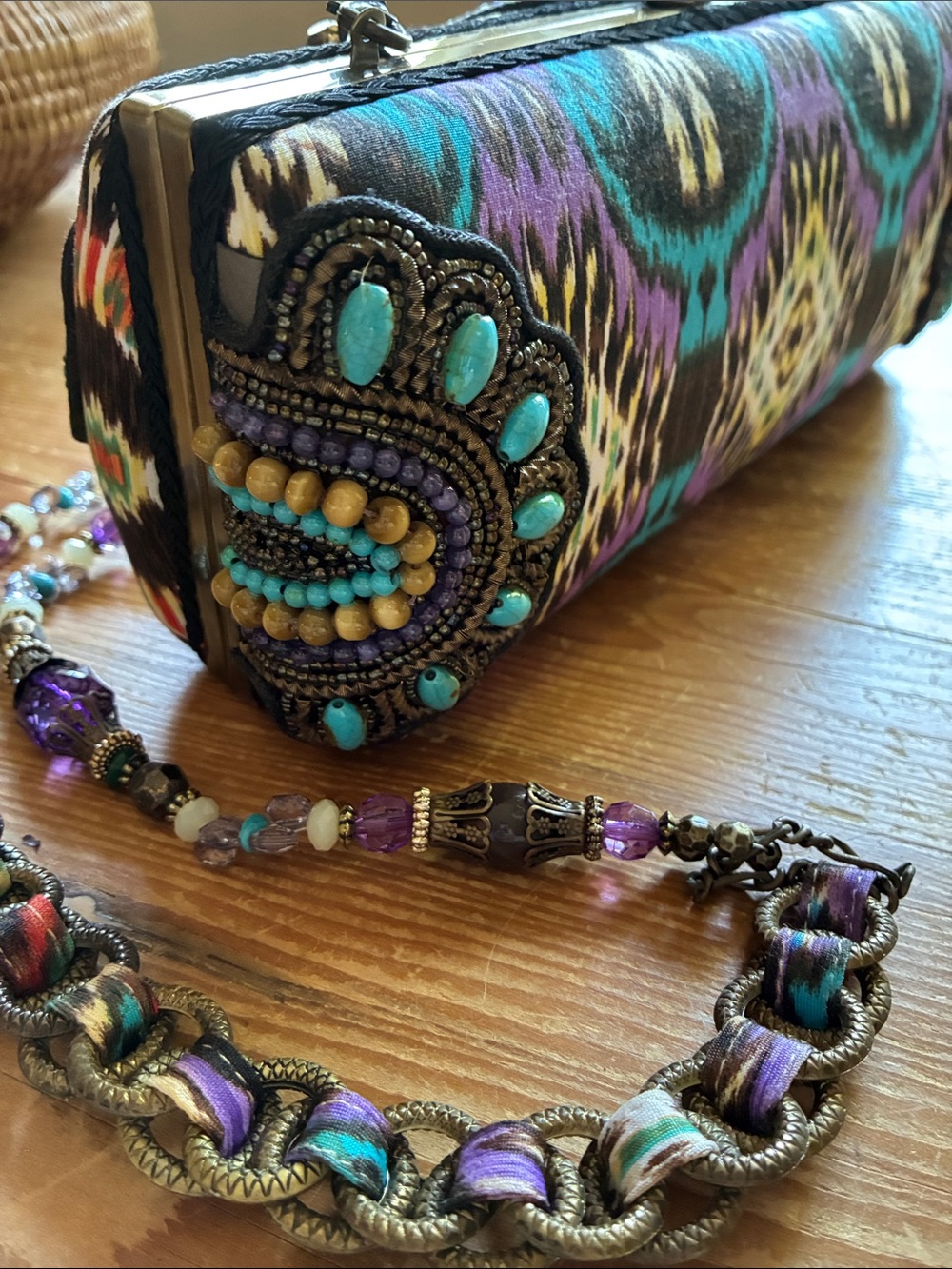 Sensational Mary Frances Natural, Crystal & Painted Stones Ikat Clutch Bag - Picture 7 of 16